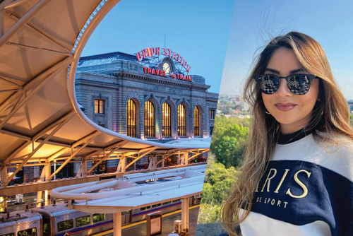 Karla Berrum wears sunglasses, in the background is Denver's Union Station