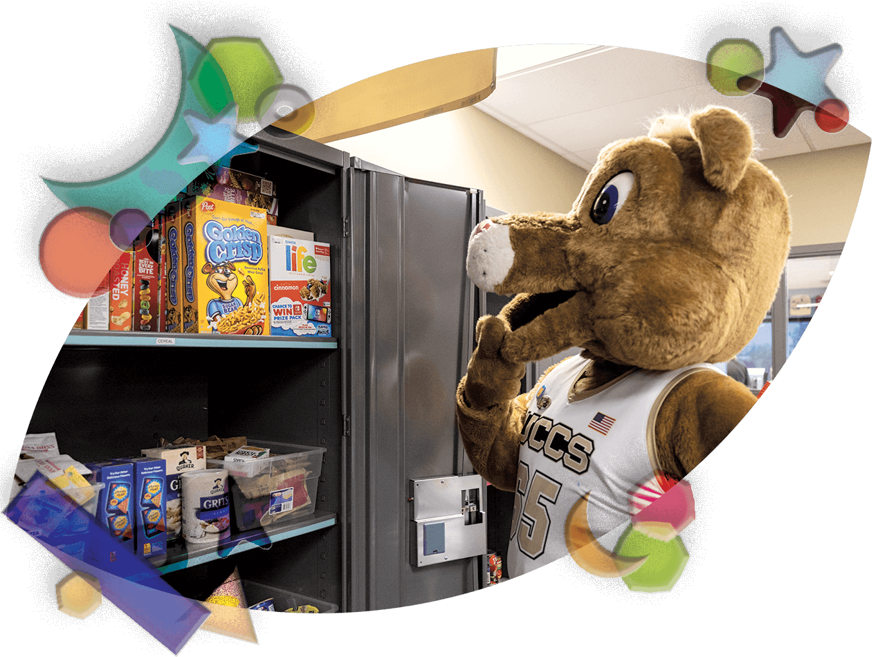 The UCCS mascot, Clyde the Mountain Lion, stands in profile facing a black shelf full of food pantry items.