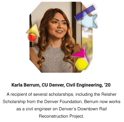 Karla Berrum, a Civil Engineering student at CU Denver. Karla has curly brown hair and smiles into the distance as she stands beside a window.