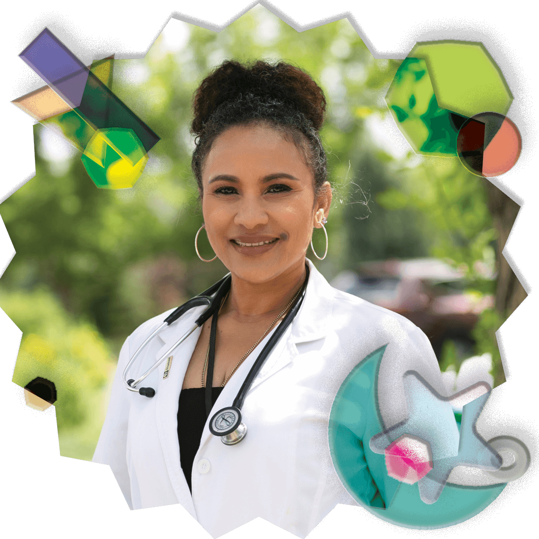 Salwa Bamba, an African woman with a large bun, wearing a white lab coat with a stethoscope draped around her neck.